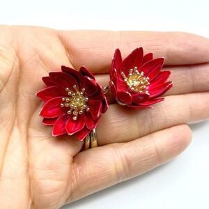 Vintage Crown Trifari Red Enamel 3D Flower Earrings Alfred Philippe Clip-Ons